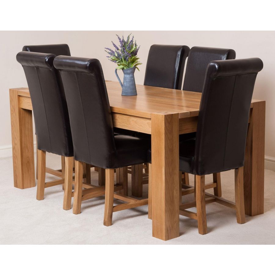 Kuba Large Oak Dining Table with 6 Washington Brown Leather Chairs