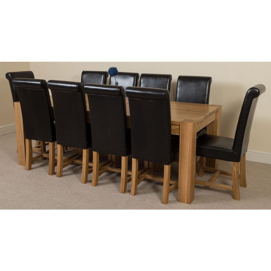 Kuba Extra Large Oak Dining Table With 10 Washington Black Leather Chairs Oak Furniture King
