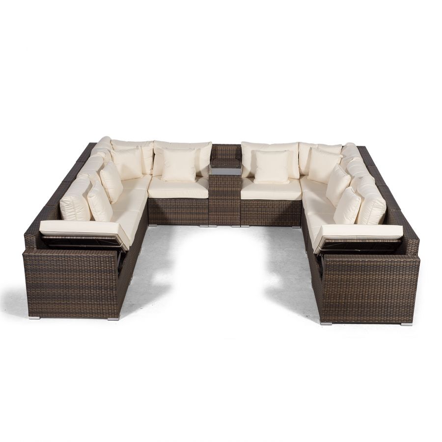 Havana Modular 12 Seat Rattan Conversation Set With 2 Seater Sofa, Armrest Drinks Cooler & Ice Cooler Coffee Table - Brown
