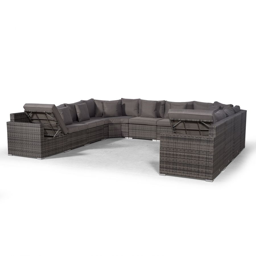Santorini Modular 12 Seat Rattan Conversation Set With 2 Seater Sofa & 2 Drinks Cooler Coffee Tables - Grey