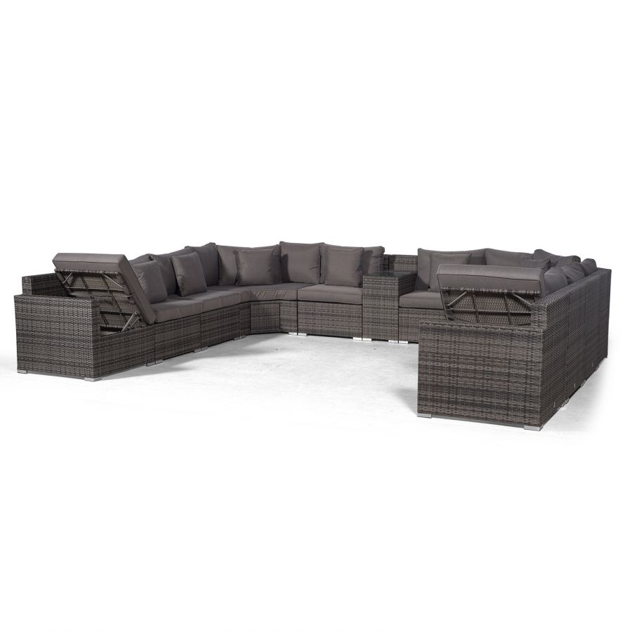 Santorini Modular 13 Seat Rattan Conversation Set With 3 Seater Sofa, Armrest Drinks Cooler & 2 Drinks Cooler Coffee Tables - Grey
