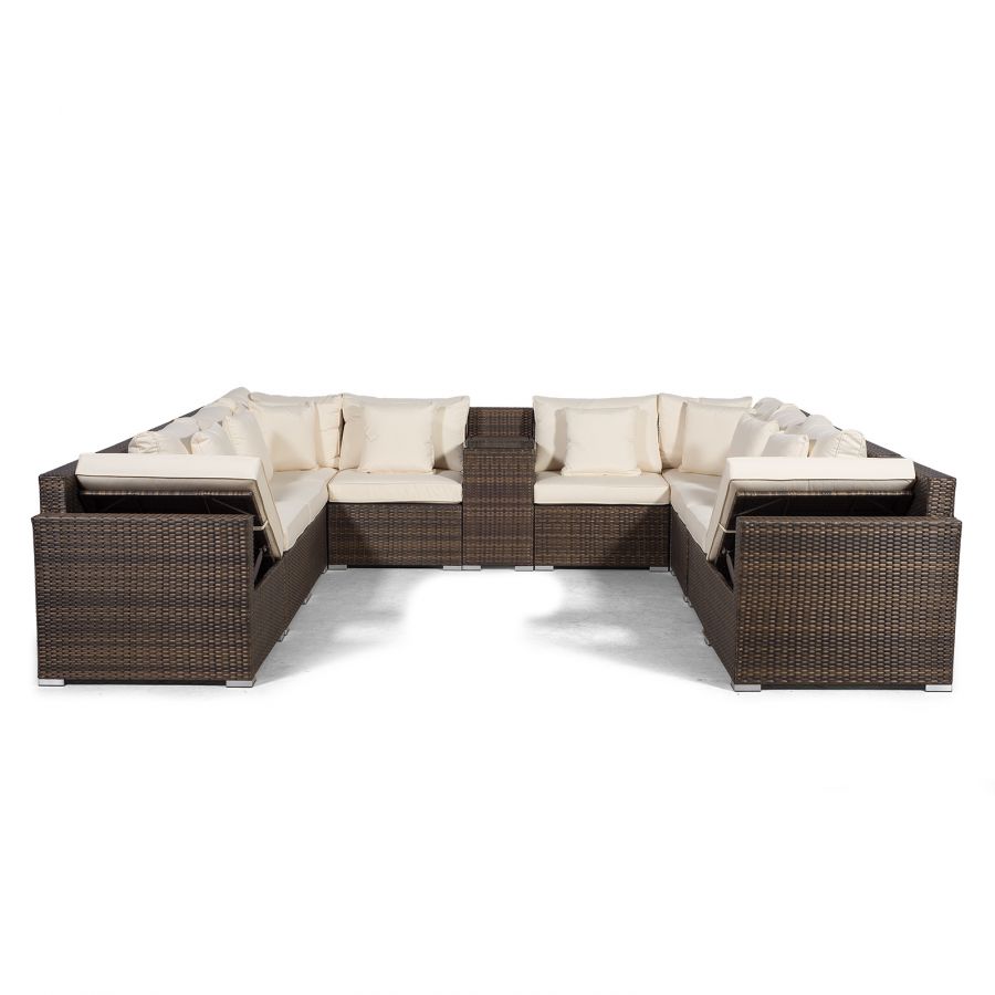 Havana Modular 12 Seat Rattan Conversation Set With 2 Seater Sofa, Armrest Drinks Cooler & Ice Cooler Coffee Table - Brown