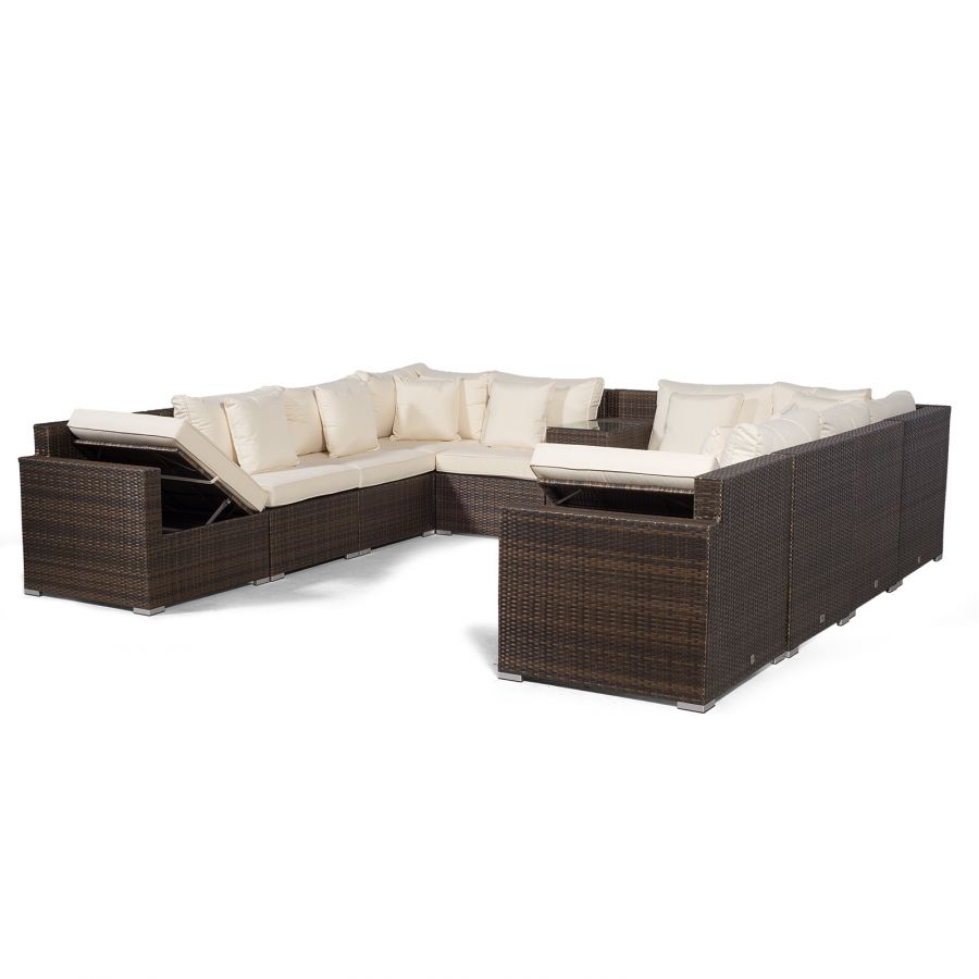 Havana Modular 12 Seat Rattan Conversation Set With 2 Seater Sofa, Armrest Drinks Cooler & Ice Cooler Coffee Table - Brown