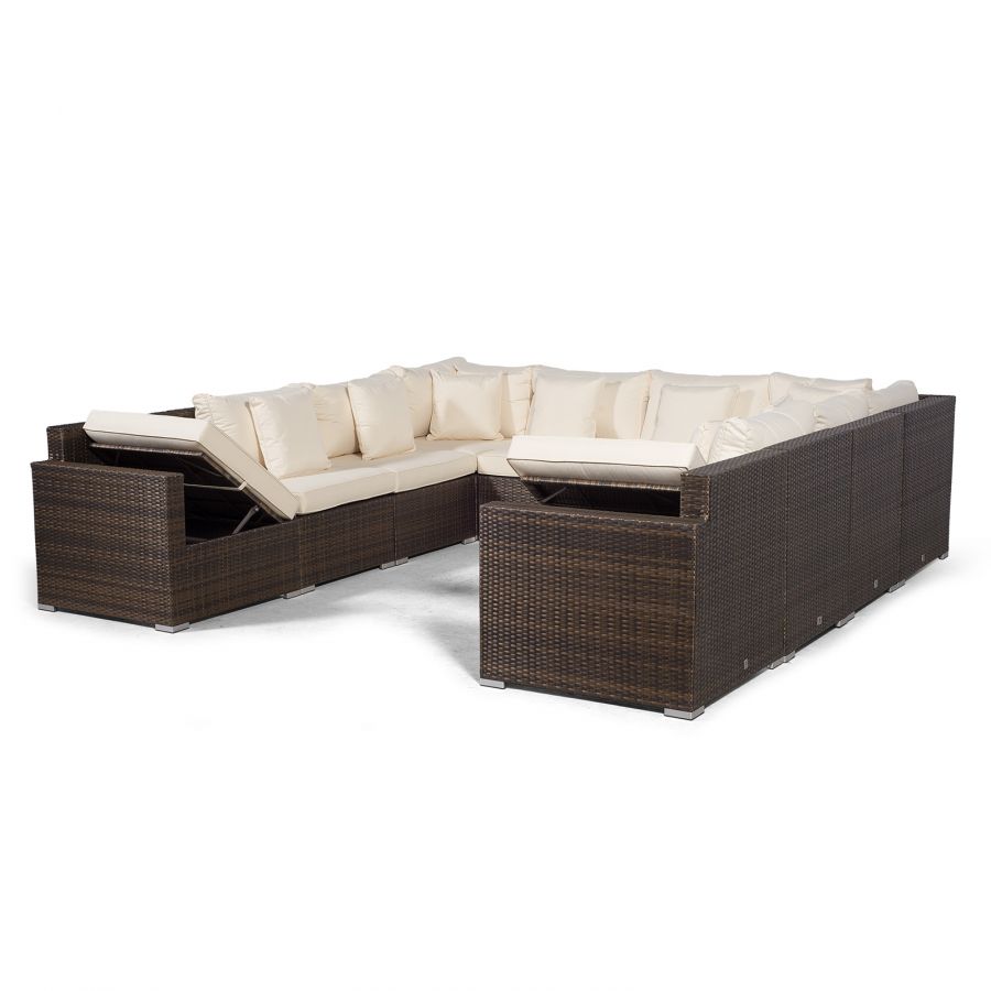 Havana Modular 11 Seat Rattan Conversation Set With Armchair & Drinks Cooler Coffee Table - Brown