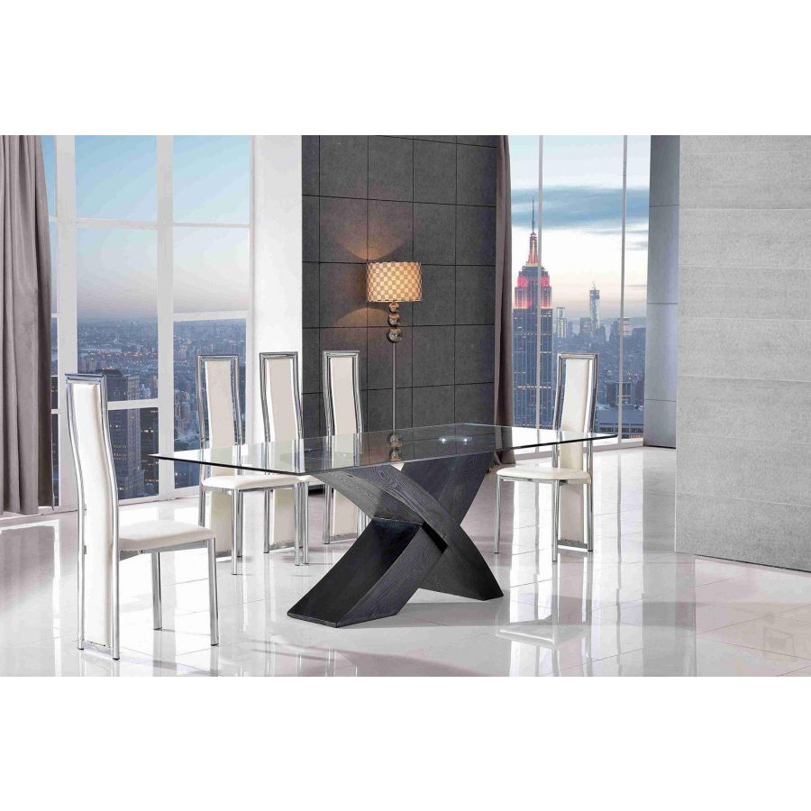 Valencia Black Small Glass Dining Table 6 Elsa Ivory Leather Chairs