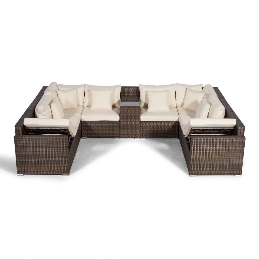 Havana U Shape Modular 8 Seat Rattan Sofa Set With Armrest Drinks Cooler & Drinks Cooler Coffee Table - Brown