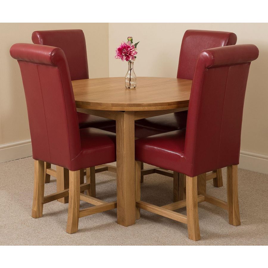 Edmonton Round Extendable Oak Dining Set with 4 Washington Burgundy Leather Chairs