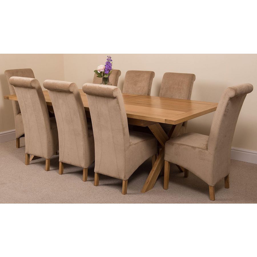 Vermont Cross Leg Oak Extending Dining Table with 8 Montana Beige Fabric Dining Chairs