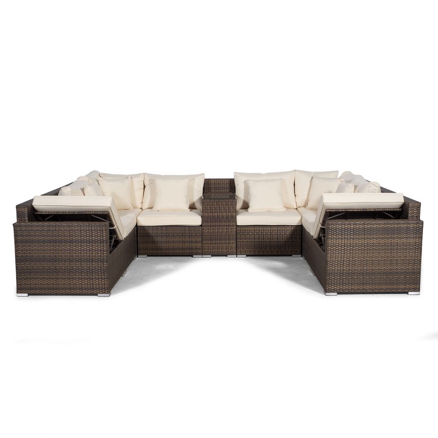 Havana U Shape Modular 8 Seat Rattan Sofa Set With Armrest Drinks Cooler & Drinks Cooler Coffee Table - Brown