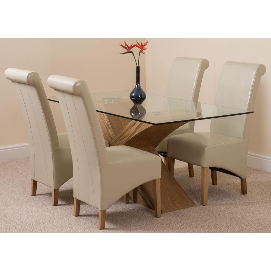 Valencia Oak Small Glass Dining Table & 4 Montana Ivory Leather Chairs