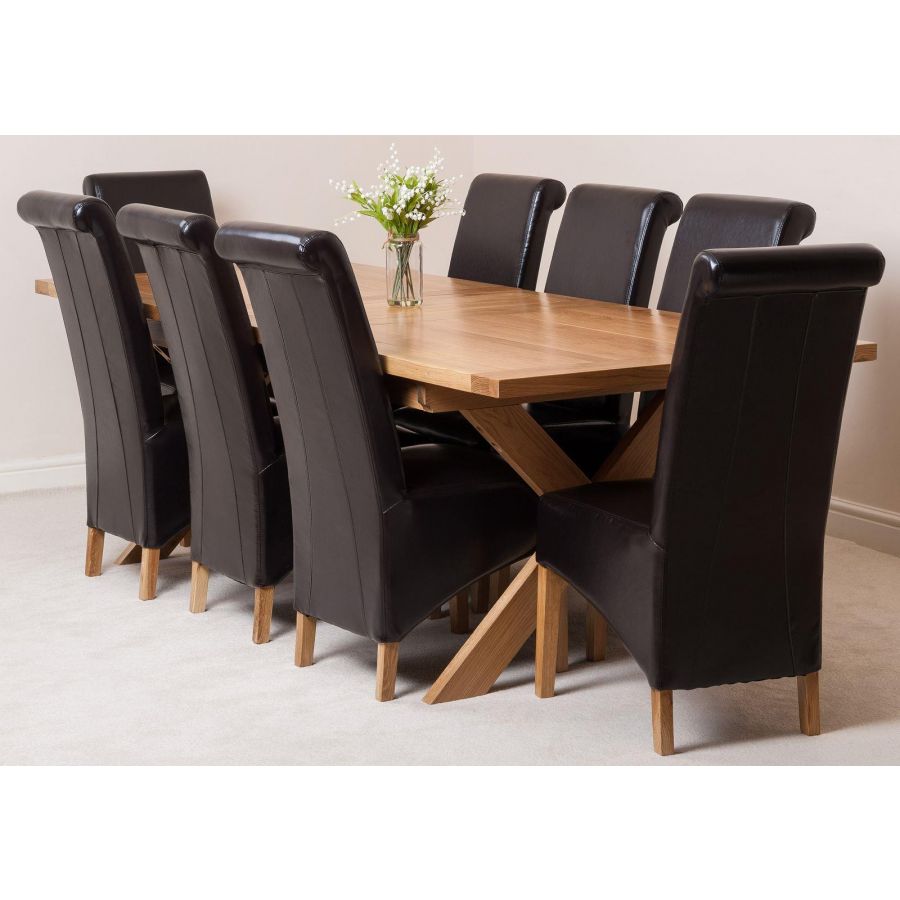 Vermont Cross Leg Oak Extending Dining Table with 8 Montana Brown Leather Dining Chairs