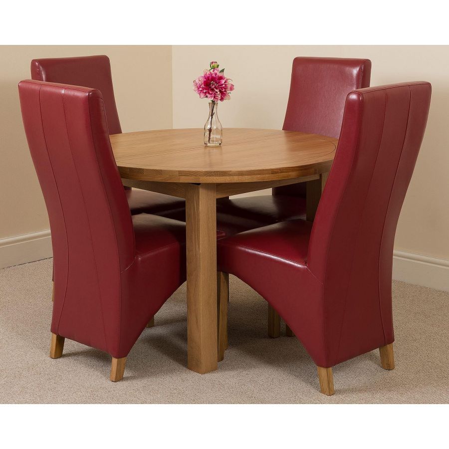 edmonton round extendable oak dining set with 4 lola burgundy leather chairs