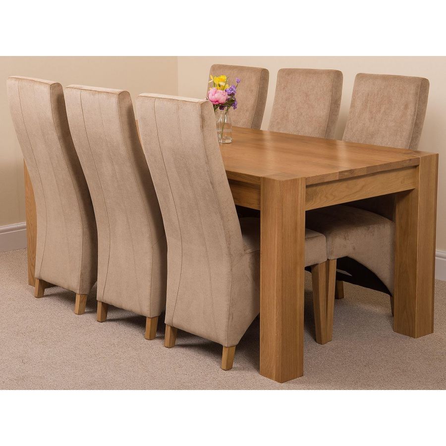 Kuba Large Oak Dining Table With 6 Lola Beige Fabric Chairs Oak Furniture King