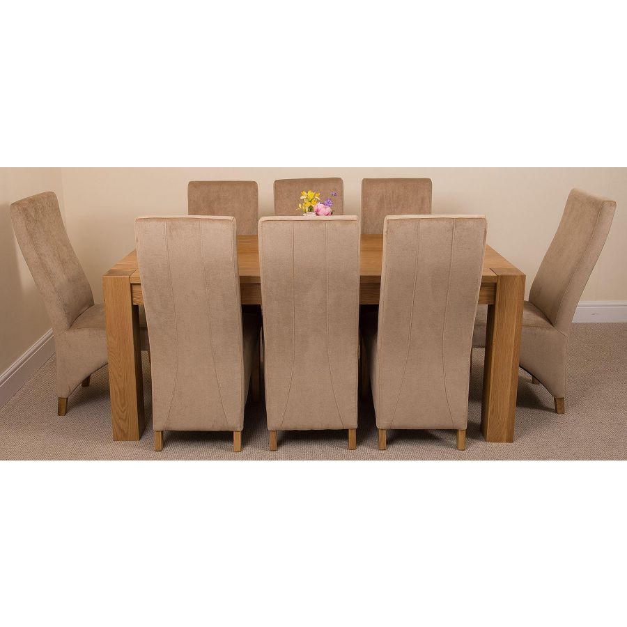 Kuba Large Oak Dining Table with 8 Lola Beige Fabric Chairs