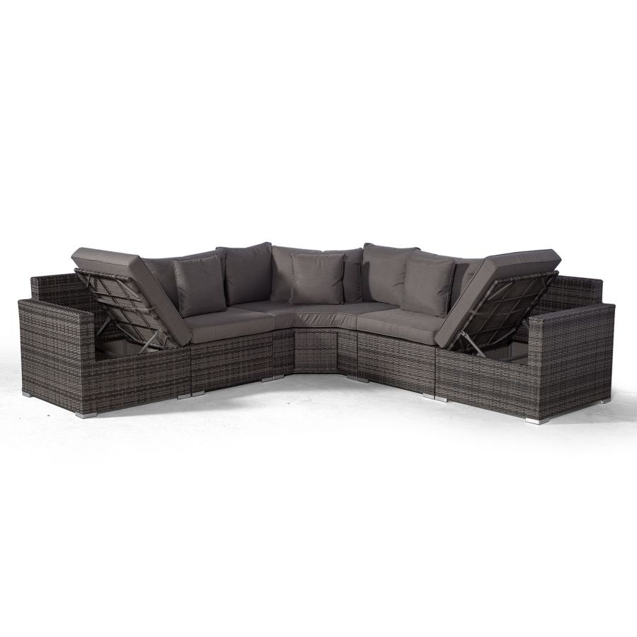 Santorini L Shape Modular 5 Seat Rattan Corner Sofa Set With Daybed Ottoman & Coffee Table - Grey