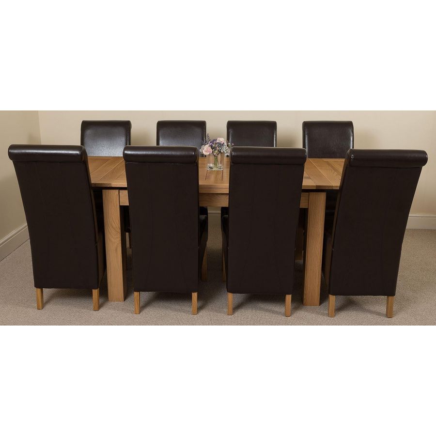 Richmond Medium Oak Extendable Dining Table with 8 Montana Brown Leather Dining Chairs