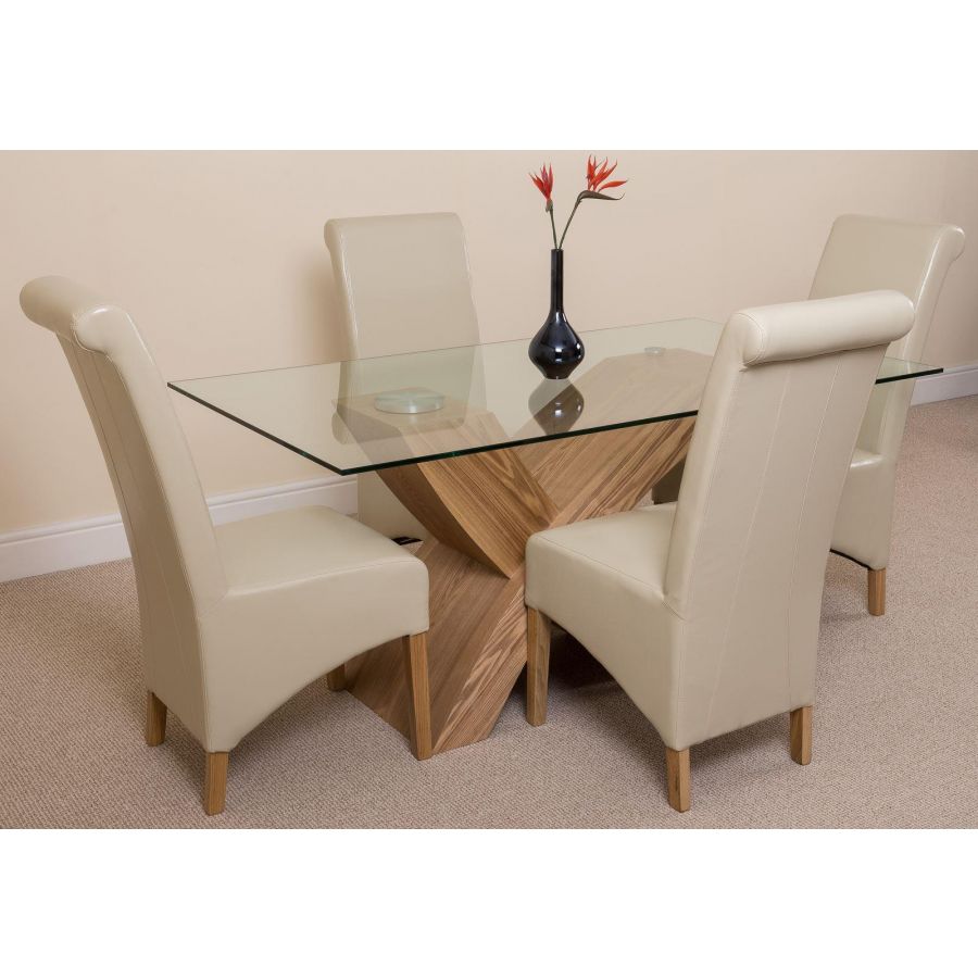 Valencia Oak Small Glass Dining Table & 4 Montana Ivory Leather Chairs