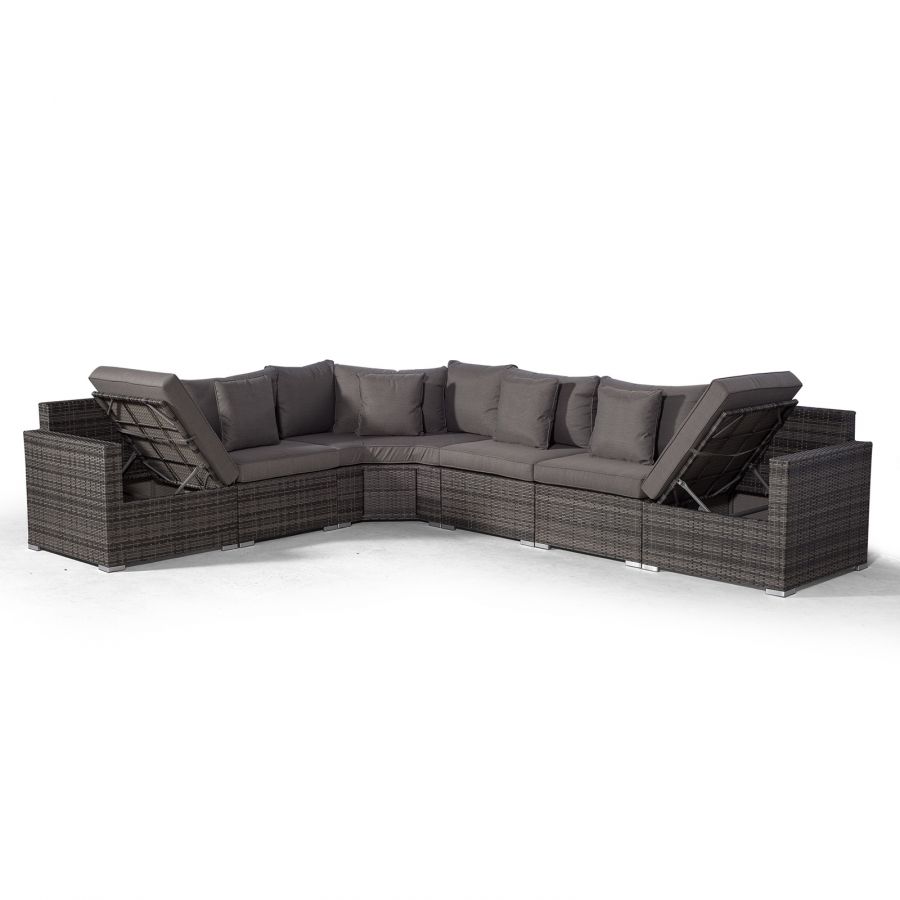 Santorini L Shape Modular 6 Seat Rattan Corner Sofa Set With Large Drinks Cooler Coffee Table & Ottoman - Grey