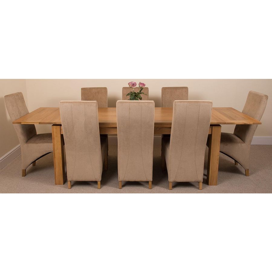 Richmond Large Oak Extending Dining Table with 8 Lola Beige Fabric Dining Chairs