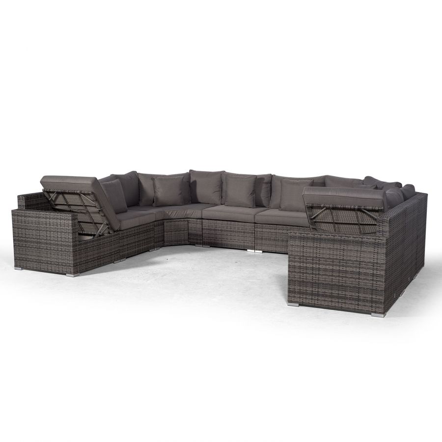 Santorini Modular 10 Seat Rattan Conversation Set With 2 Seater Sofa & 2 Drinks Cooler Coffee Tables - Grey