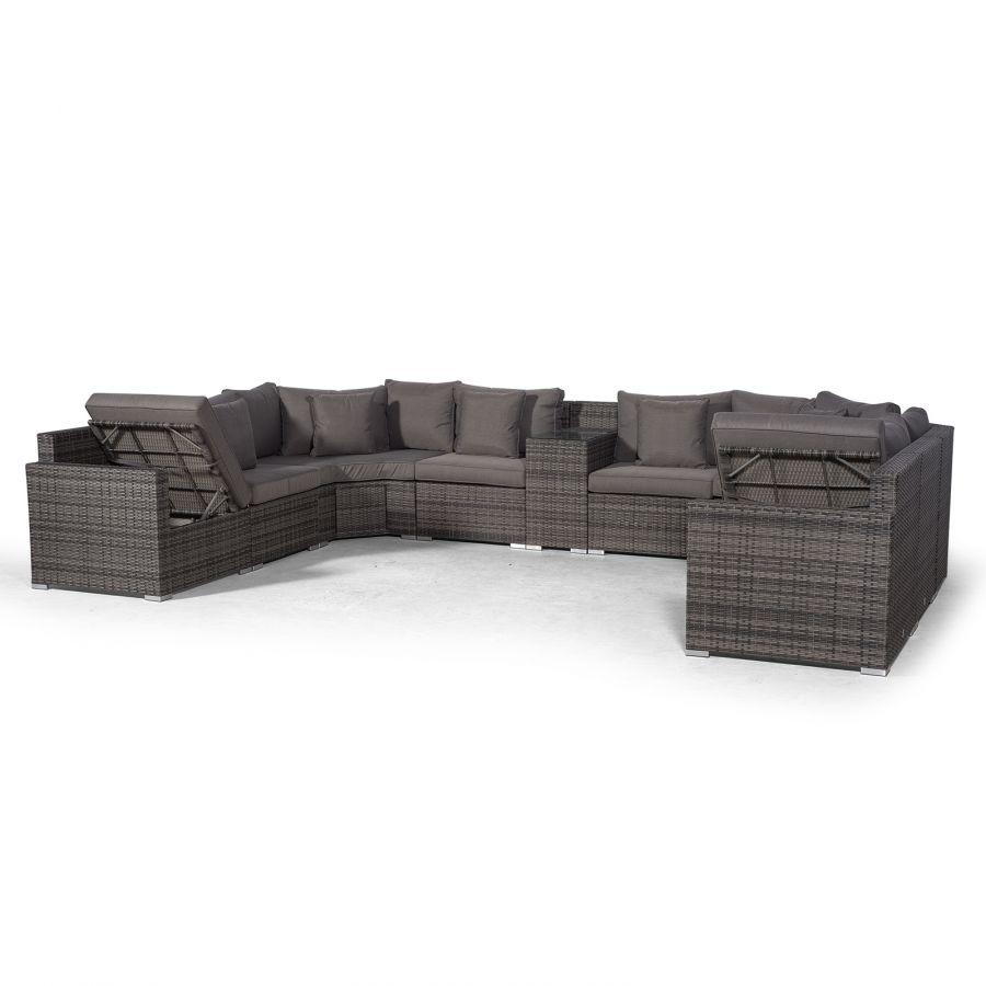 Santorini Modular 11 Seat Rattan Conversation Set With 3 Seater Sofa, Armrest Drinks Cooler & 2 Coffee Tables - Grey