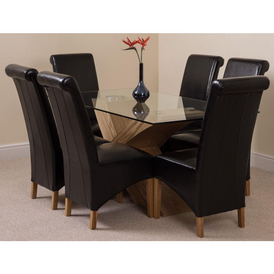 Valencia Oak Small Glass Dining Table & 6 Montana Black Leather Chairs