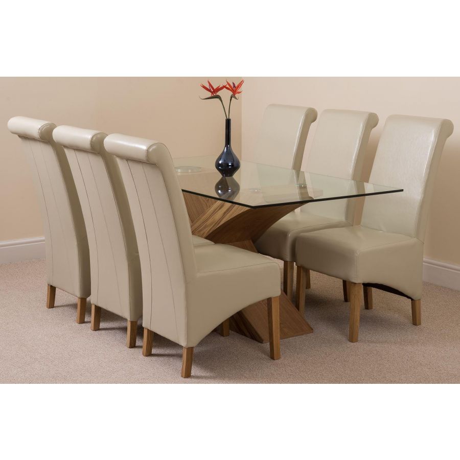 Valencia Oak Small Glass Dining Table & 6 Montana Ivory Leather Chairs