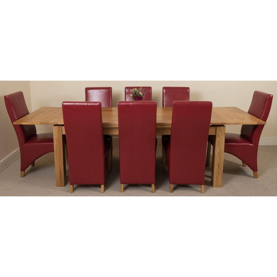 Richmond Large Oak Extending Dining Table with 8 Lola Burgundy Leather Dining Chairs