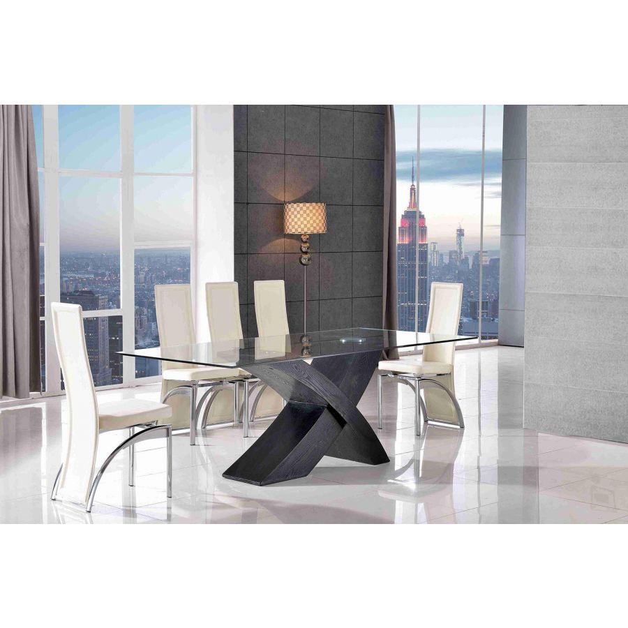 Valencia Black Large Glass Dining Table 6 Alisa Ivory Leather Chairs