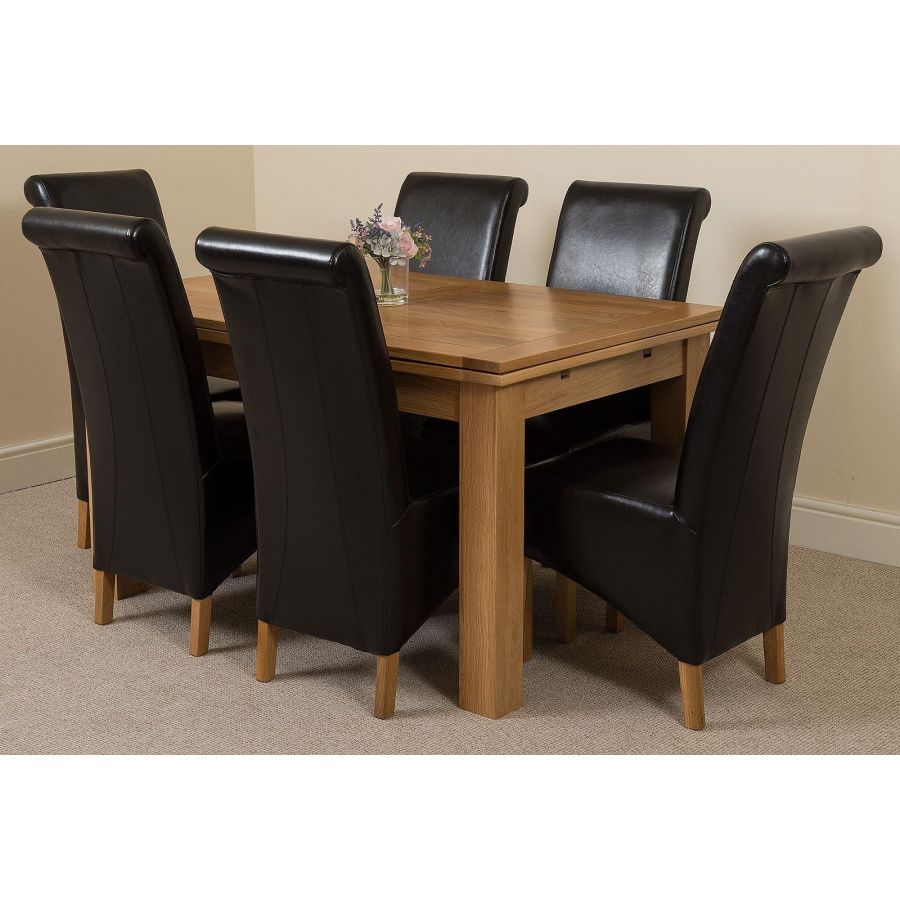 Richmond Medium Oak Extendable Dining Table with 6 Montana Black Leather Dining Chairs