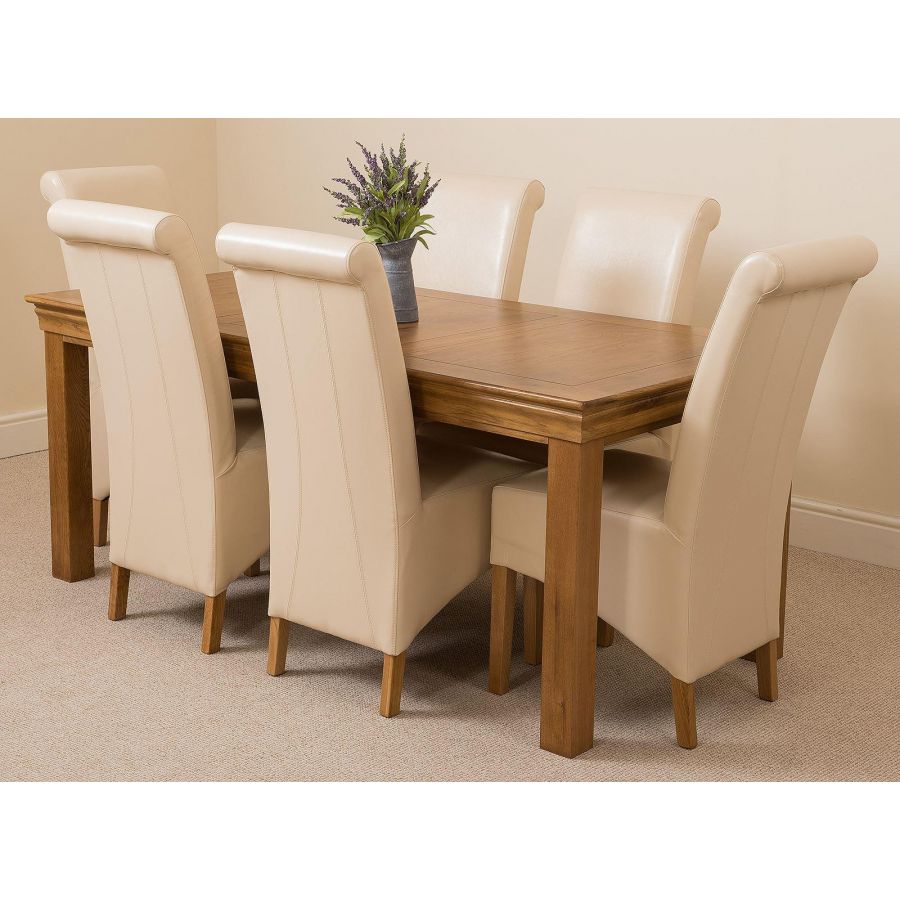 French Chateau Large Dining Set 6 Ivory Chairs Oak Furniture King