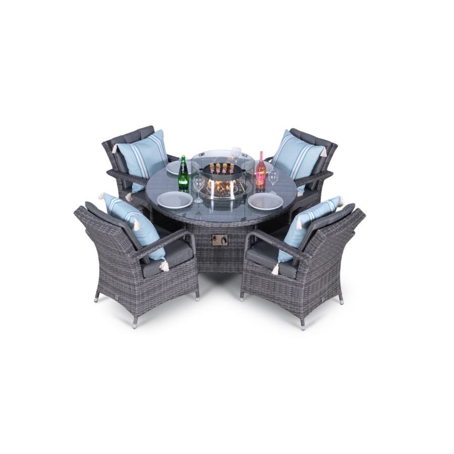 Arizona Fire Pit 4 Seater Round Rattan Dining Set - Grey