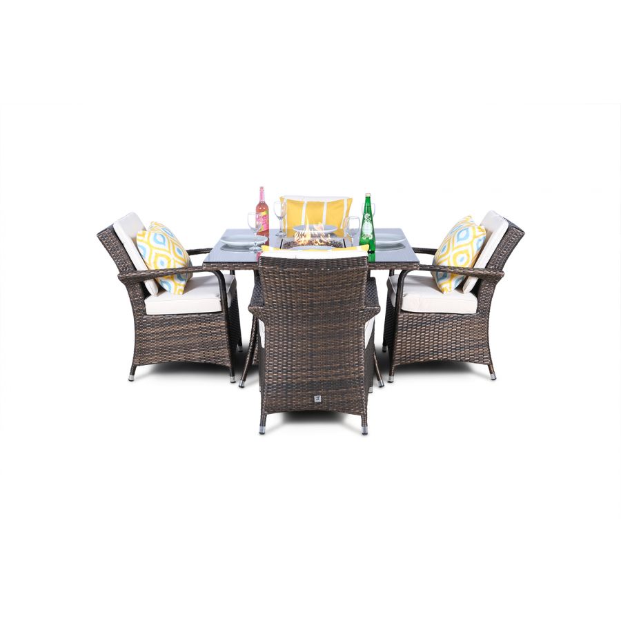 Arizona Fire Pit 4 Seater Square Rattan Dining Set - Brown
