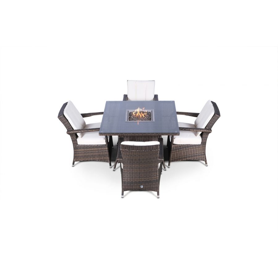 Arizona Fire Pit 4 Seater Square Rattan Dining Set - Brown