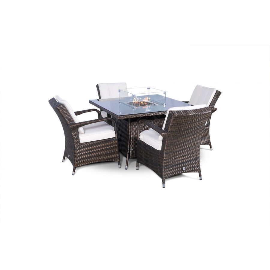 Arizona Fire Pit 4 Seater Square Rattan Dining Set - Brown