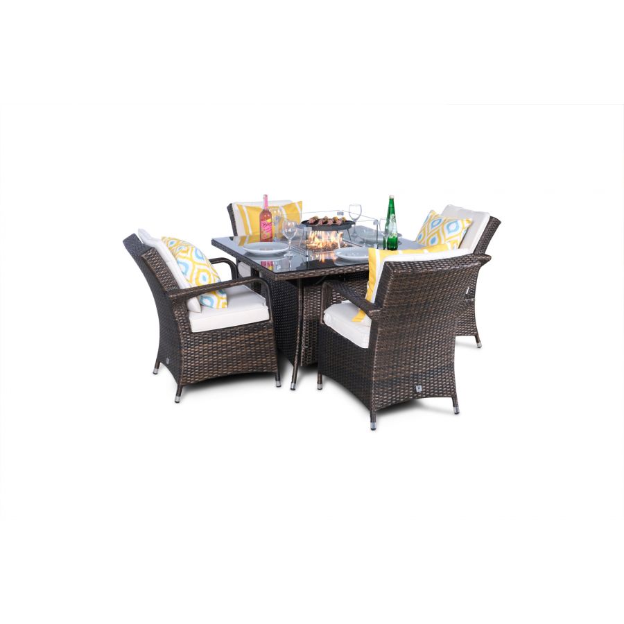 Arizona Fire Pit 4 Seater Square Rattan Dining Set - Brown