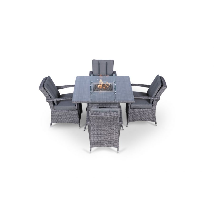 Arizona Fire Pit 4 Seater Square Rattan Dining Set - Grey