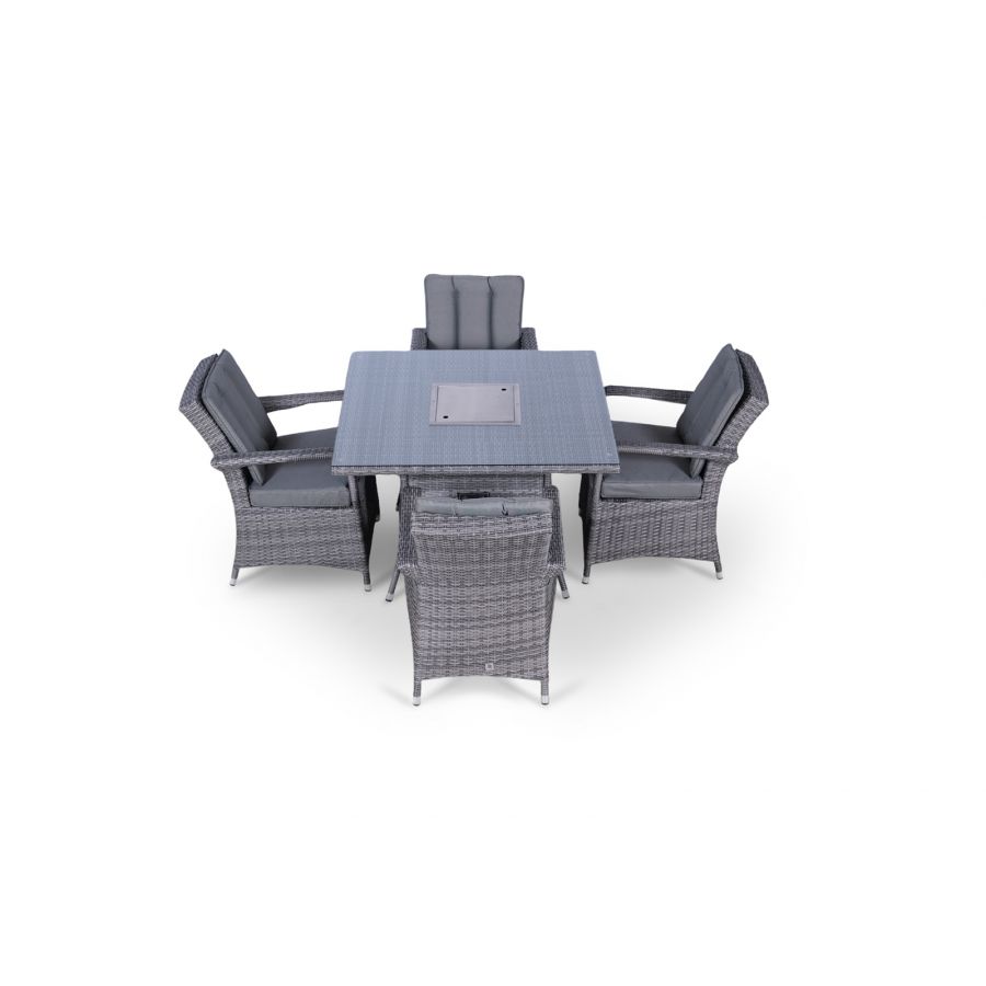 Arizona Fire Pit 4 Seater Square Rattan Dining Set - Grey