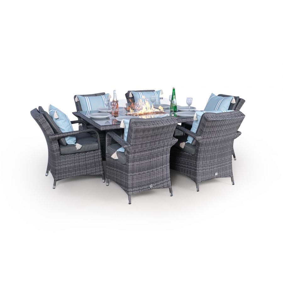 Arizona Fire Pit 6 Seater Rectangle Rattan Dining Set - Grey