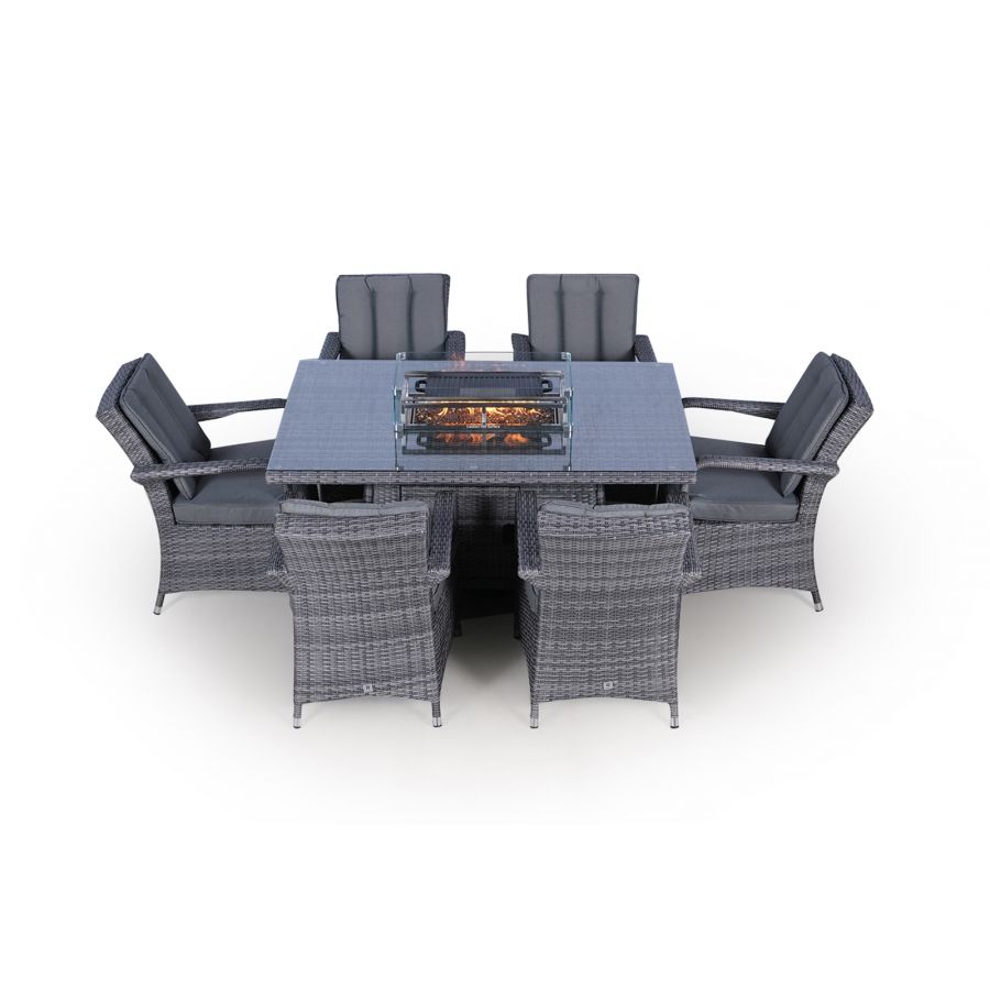 Arizona Fire Pit 6 Seater Rectangle Rattan Dining Set - Grey