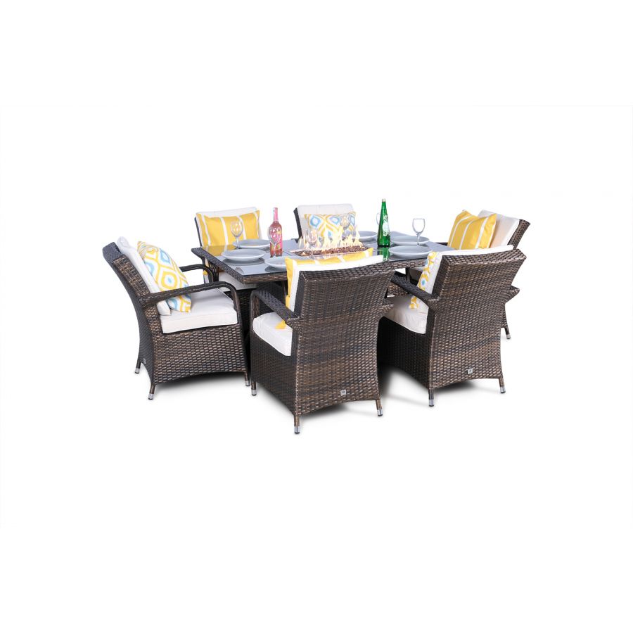 Arizona Fire Pit 6 Seater Rectangle Rattan Dining Set - Brown