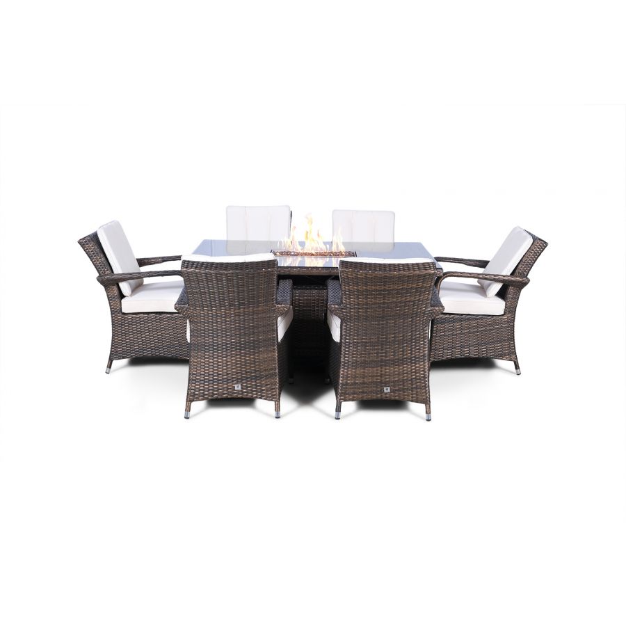 Arizona Fire Pit 6 Seater Rectangle Rattan Dining Set - Brown