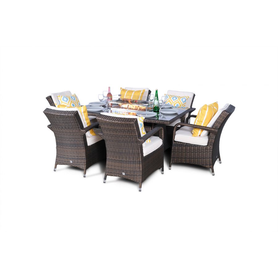 Arizona Fire Pit 6 Seater Rectangle Rattan Dining Set Brown