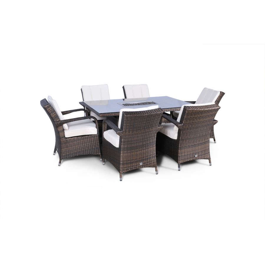 Arizona Fire Pit 6 Seater Rectangle Rattan Dining Set - Brown