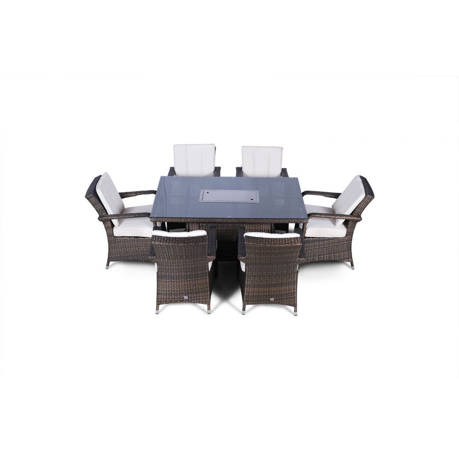 Arizona Fire Pit 6 Seater Rectangle Rattan Dining Set - Brown