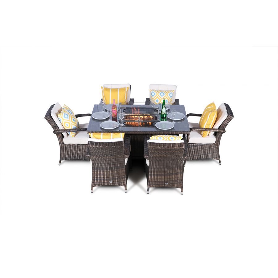 Arizona Fire Pit 6 Seater Rectangle Rattan Dining Set - Brown