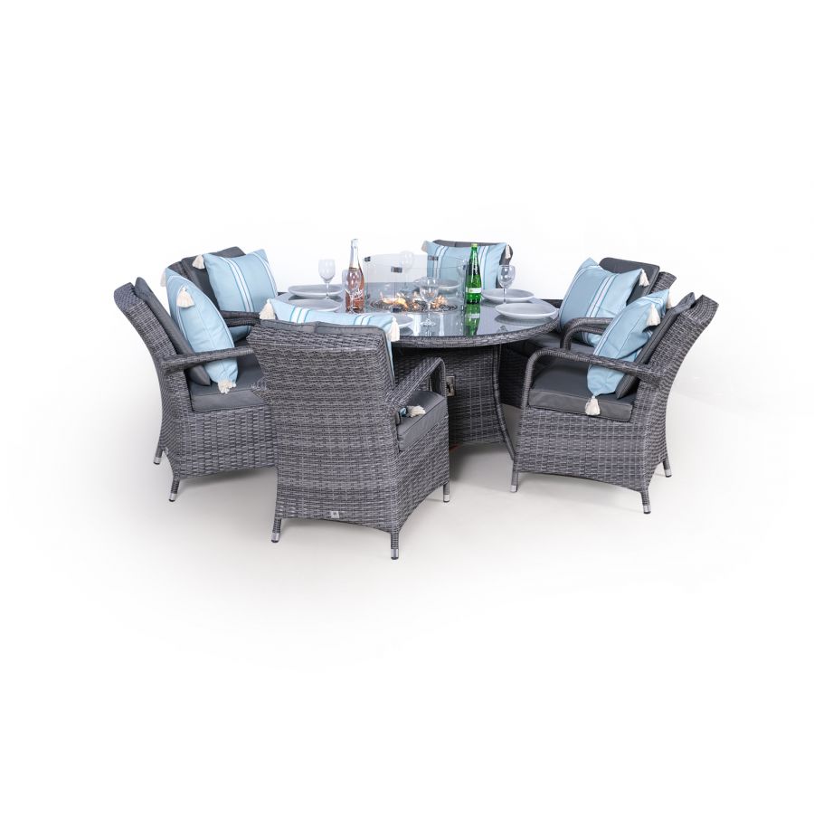 Arizona Fire Pit 6 Seater Round Rattan Dining Set - Grey
