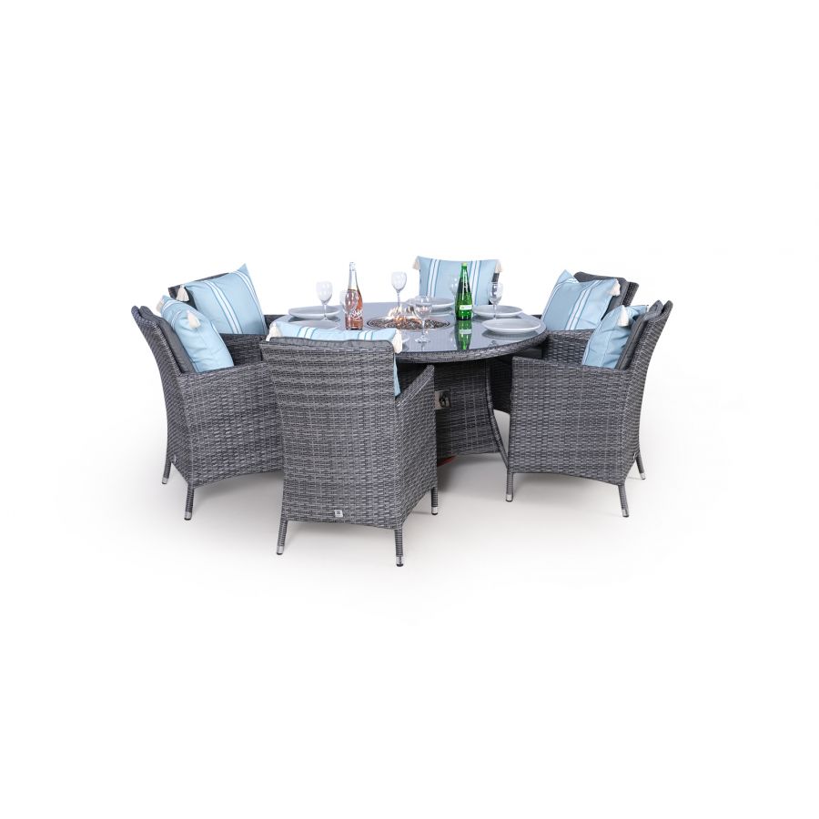 Savannah Fire Pit 6 Seater Round Rattan Dining Set - Grey