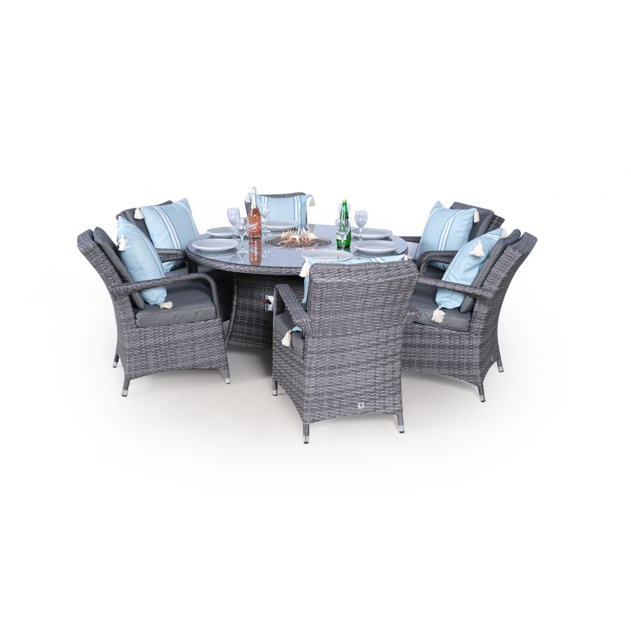 Arizona Fire Pit 6 Seater Round Rattan Dining Set - Grey