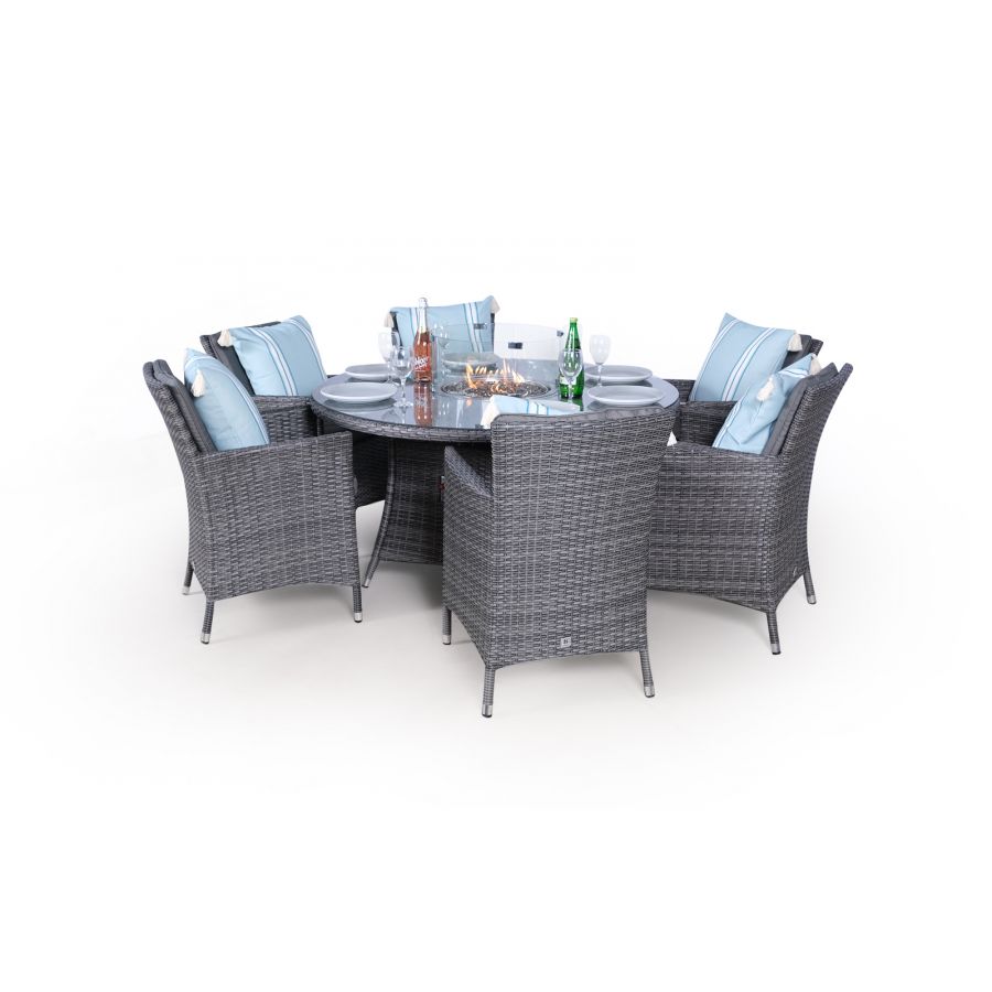 Savannah Fire Pit 6 Seater Round Rattan Dining Set - Grey